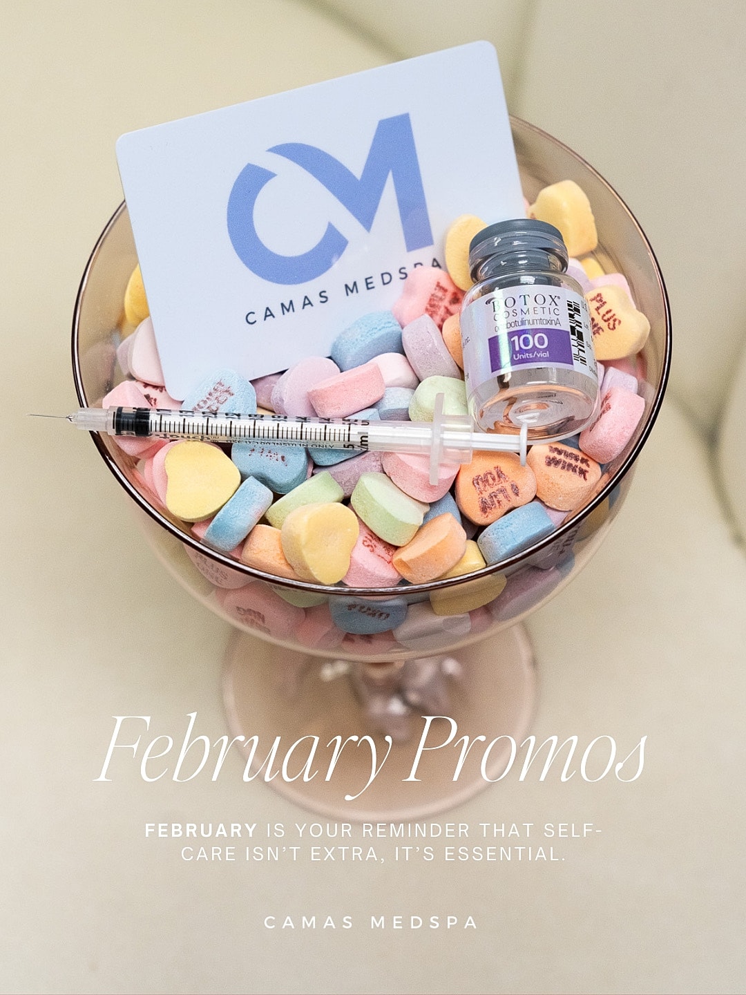 Camas Medspa promotional image with candy and syringes.