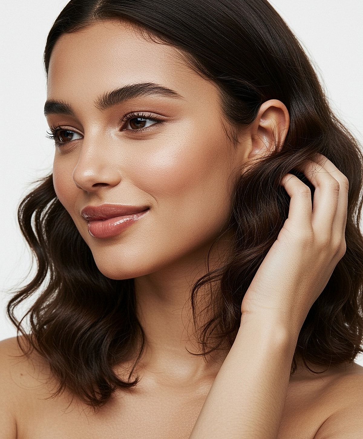 Model posing with hands raised and closed eyes.