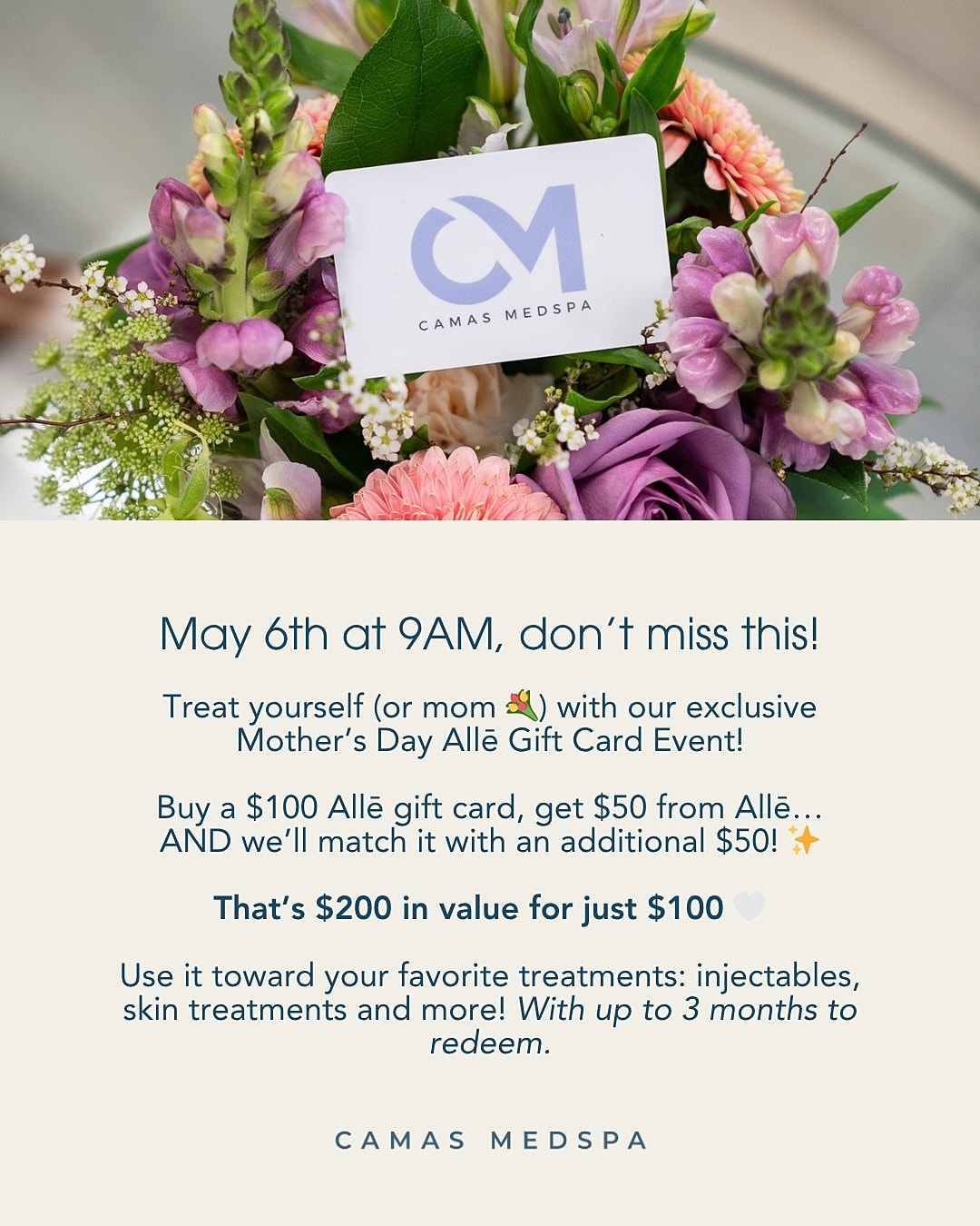 Mother's Day gift card event promotion at Camas Medspa.