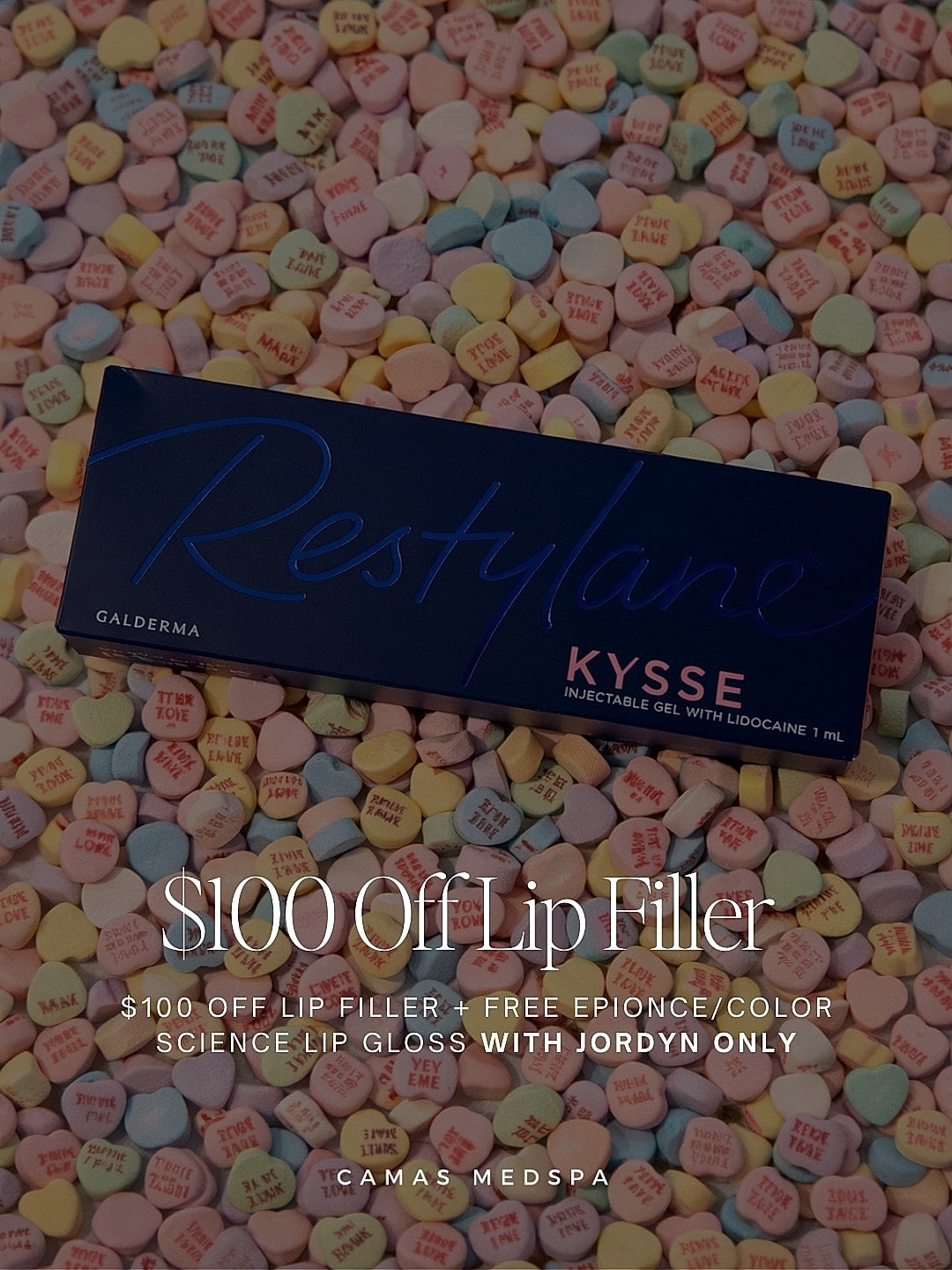 Lip filler promotion with candy hearts background.