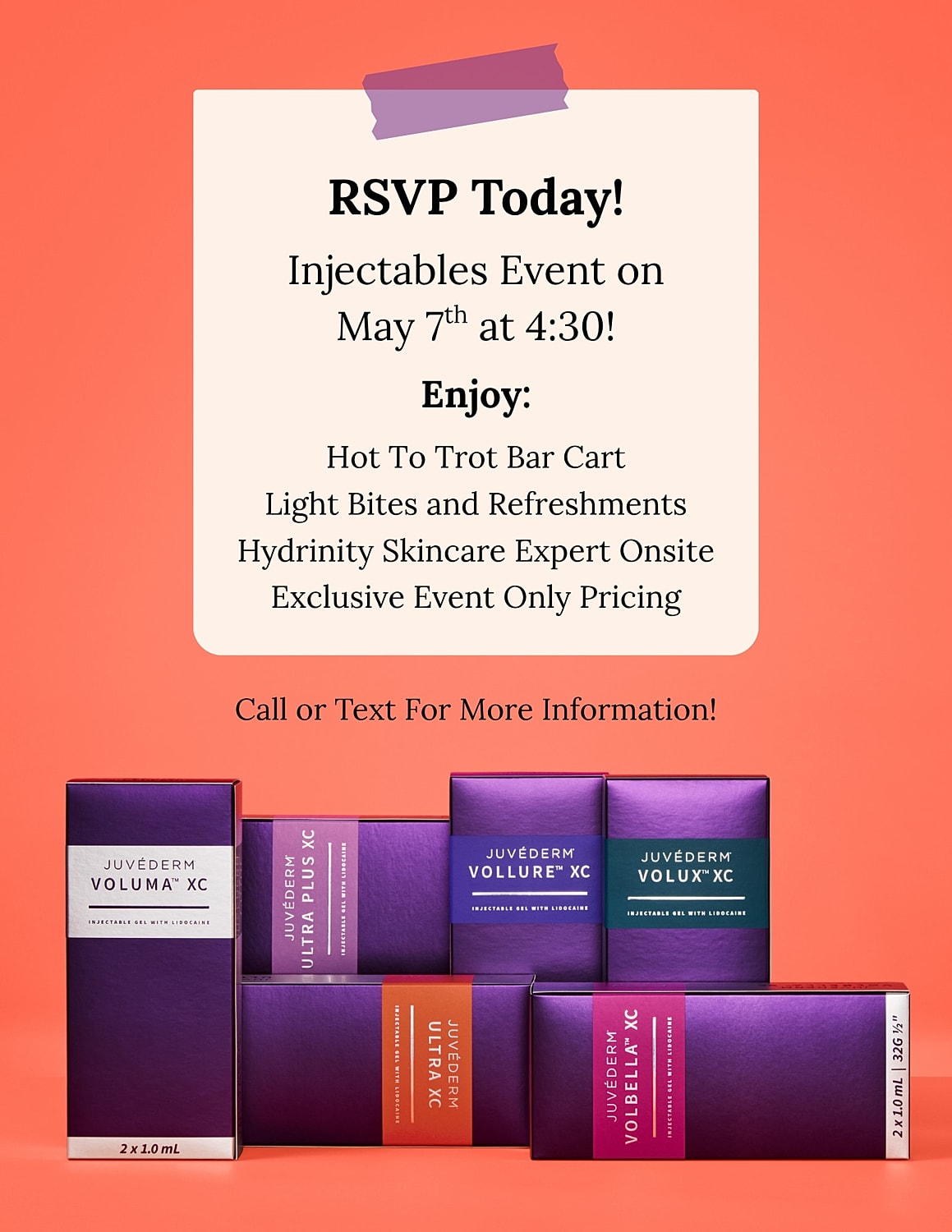 Injectables event invitation with Juvederm products.
